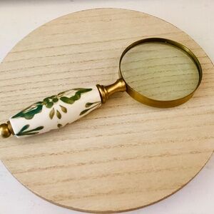Brass Lupe Magnifying Glass Ceramic White Green Floral Handle 7.5” Elegant Gift